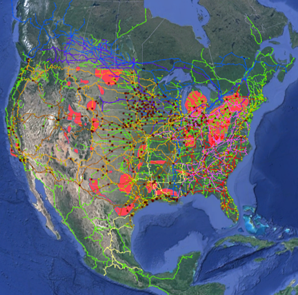 North America Oil & Gas, Power Plants, Ethanol Plants with Rail Map